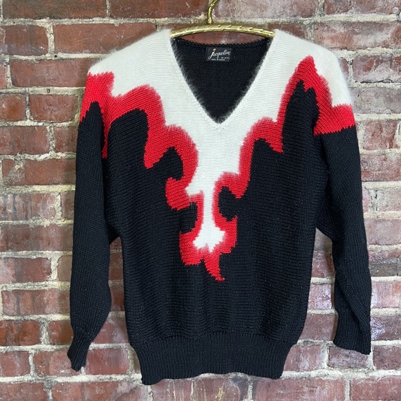 Vintage Jacqueline Acrylic Knit Red country western flame Sweater White Angora - Picture 2 of 7